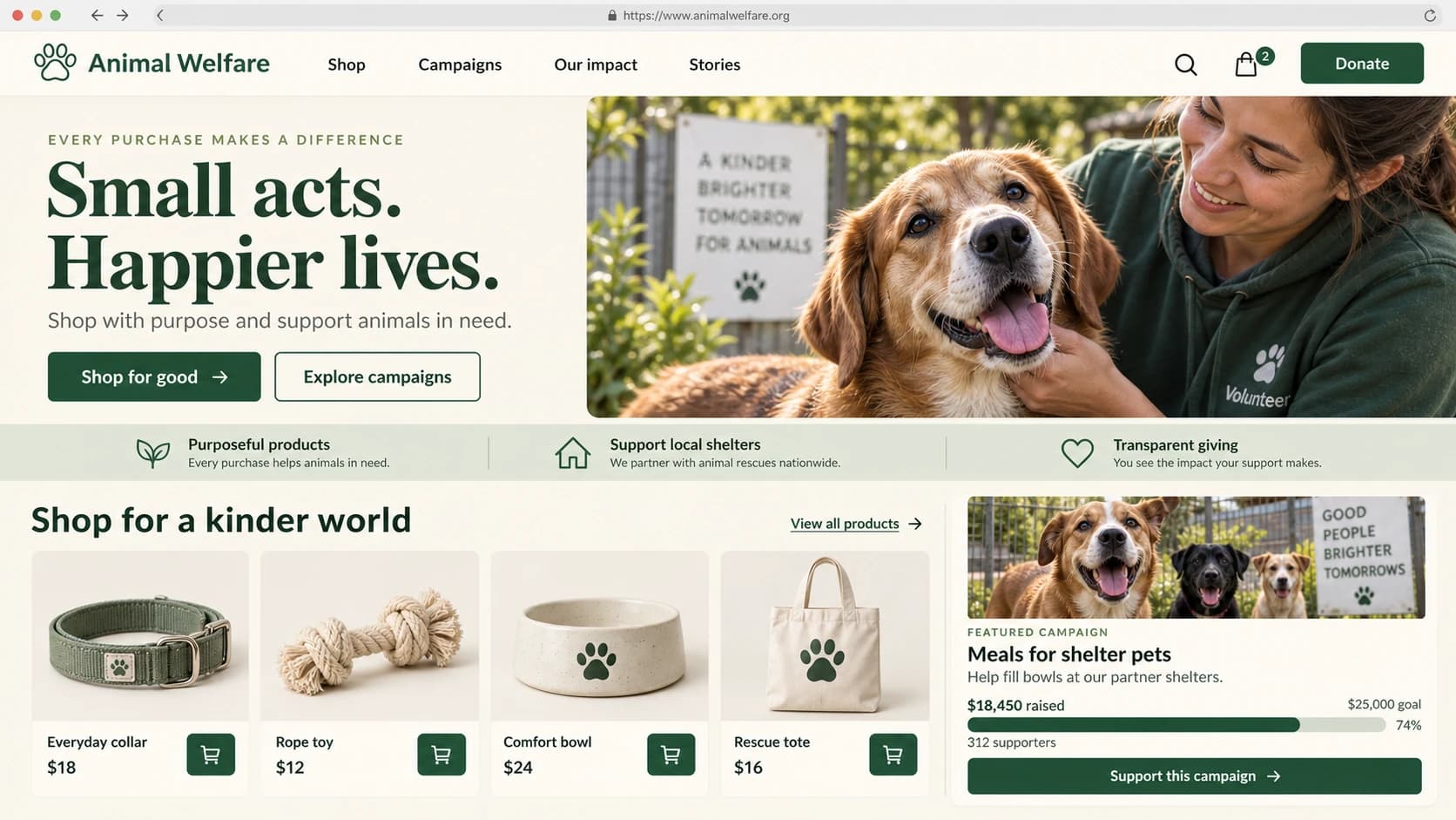 Cream and forest-green animal welfare website preview with pet merchandise and a shelter fundraising campaign