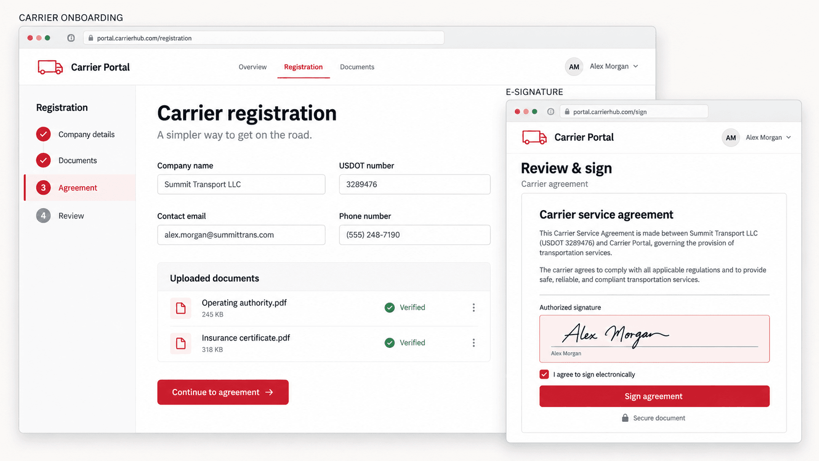 Carrier Registration & E-Signature Platform interface preview