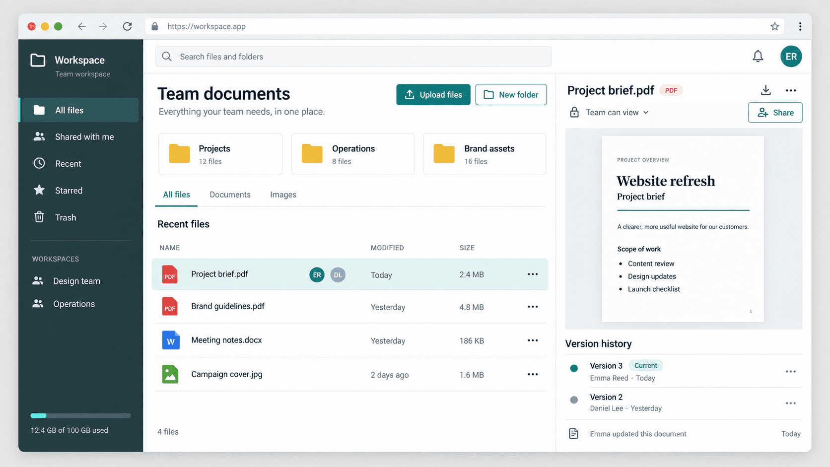 Document management interface with a team file library, document preview, sharing permissions, and version history