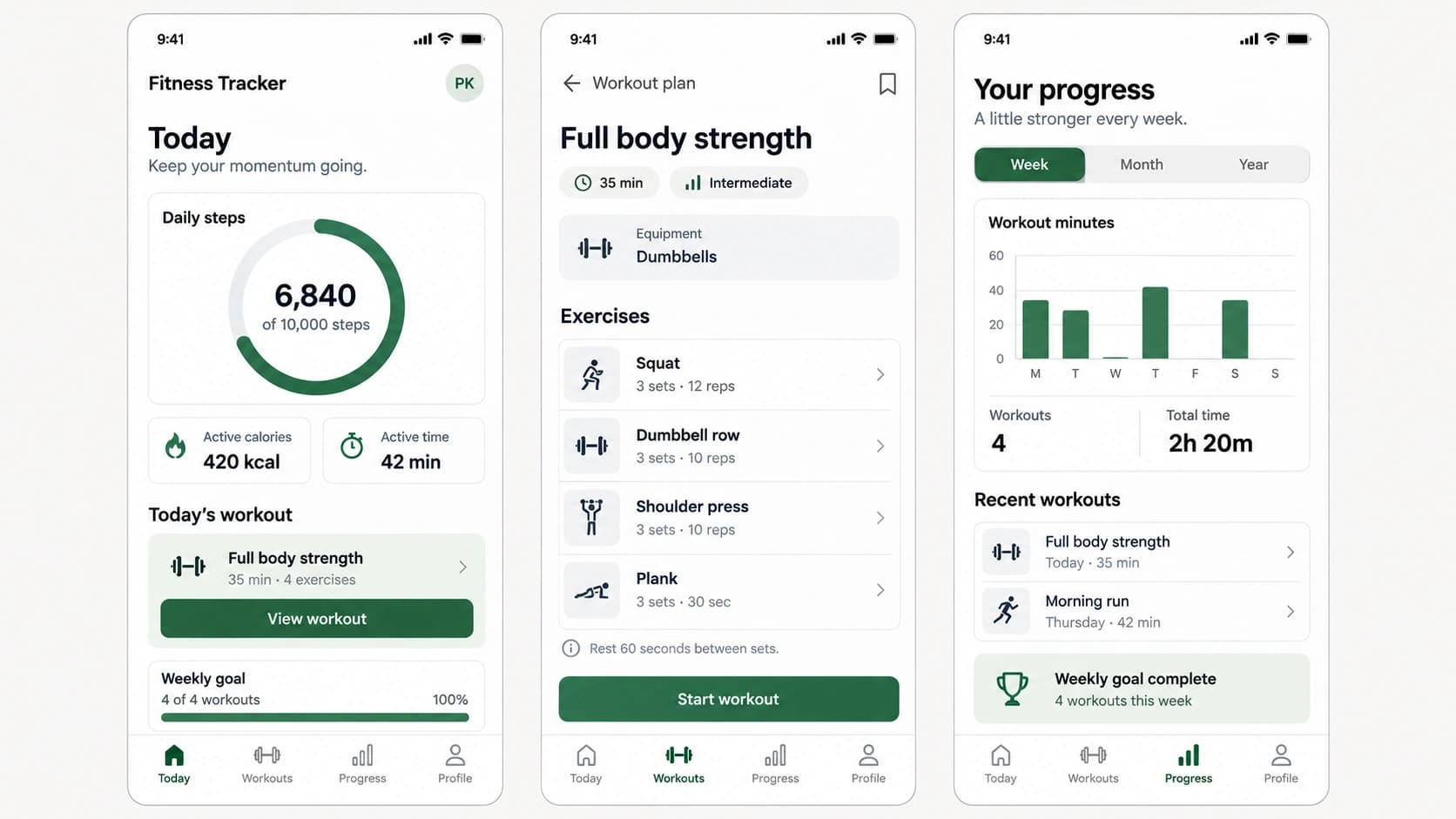 Fitness tracker mobile interface preview showing daily activity, a workout plan, and weekly progress