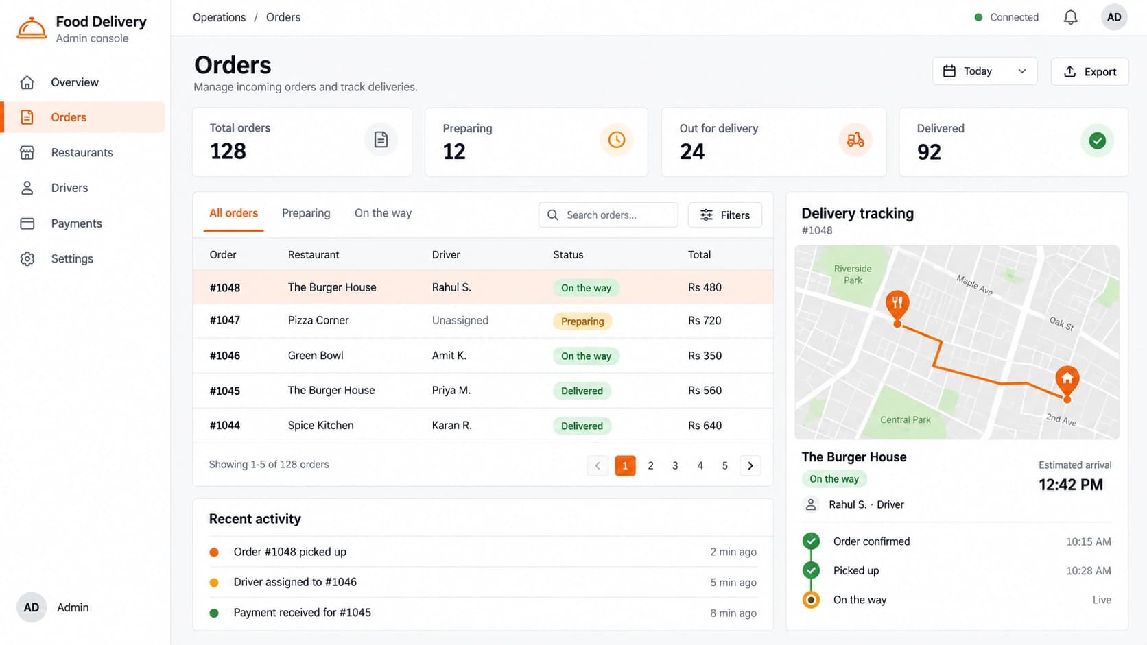 Food delivery admin interface preview with an order table, driver assignments, and delivery tracking