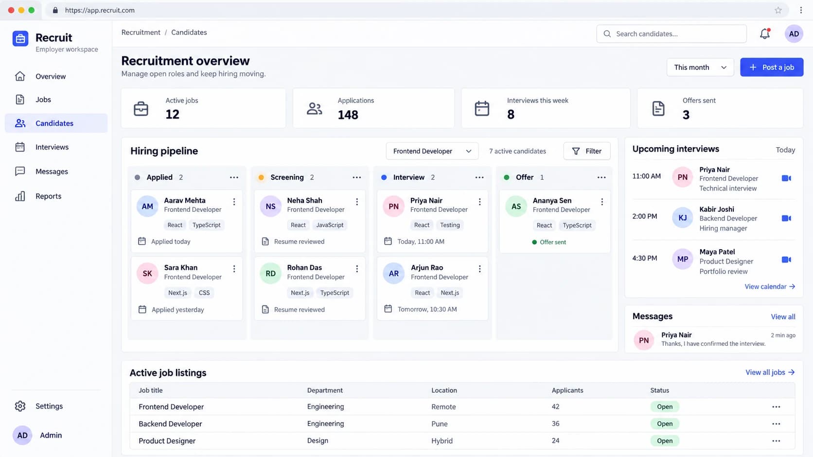 Recruitment dashboard preview with a candidate hiring pipeline, interview schedule, and active job listings