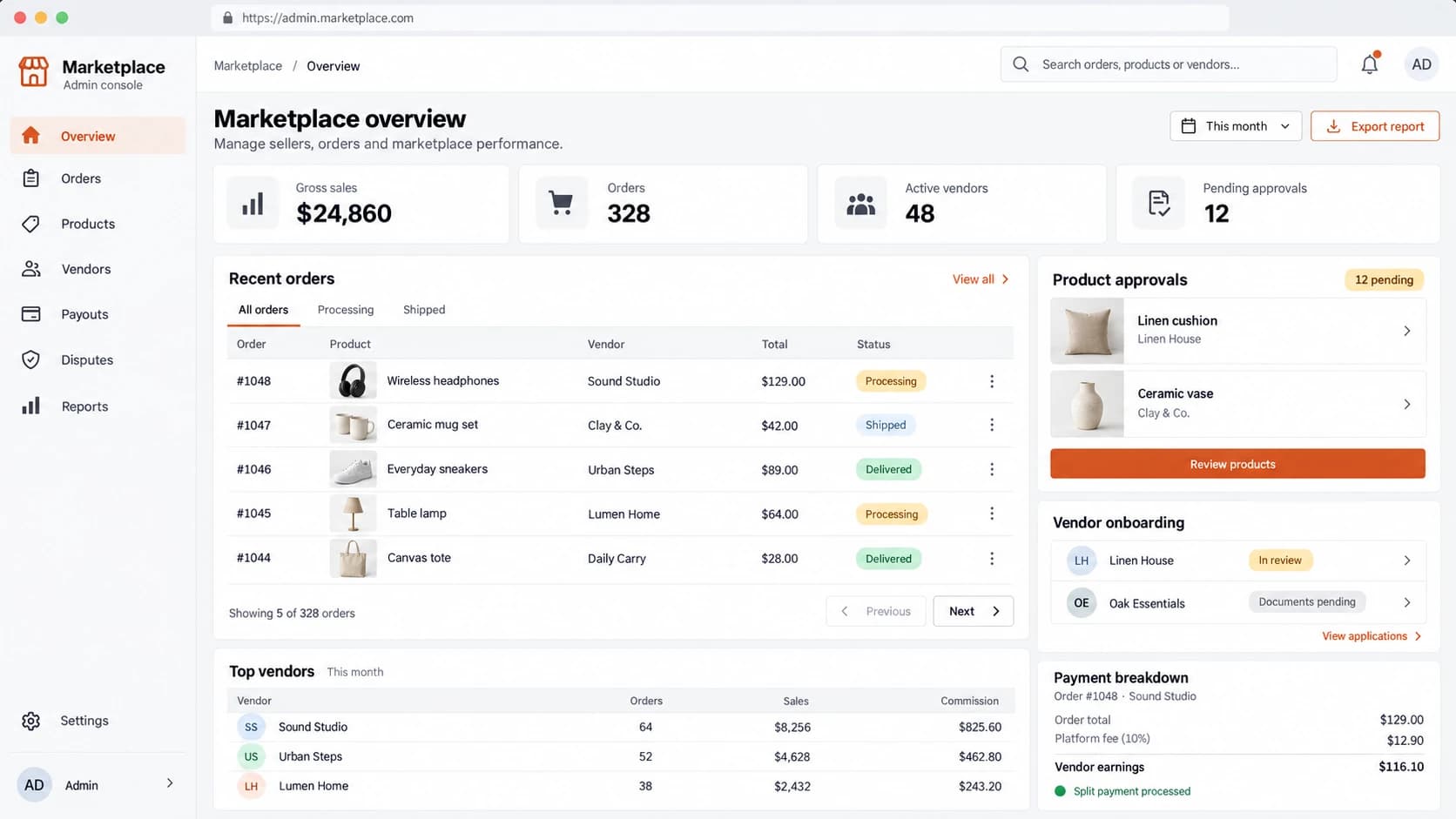 Multi-vendor marketplace dashboard preview with product orders, vendor onboarding, approvals, and payment breakdowns