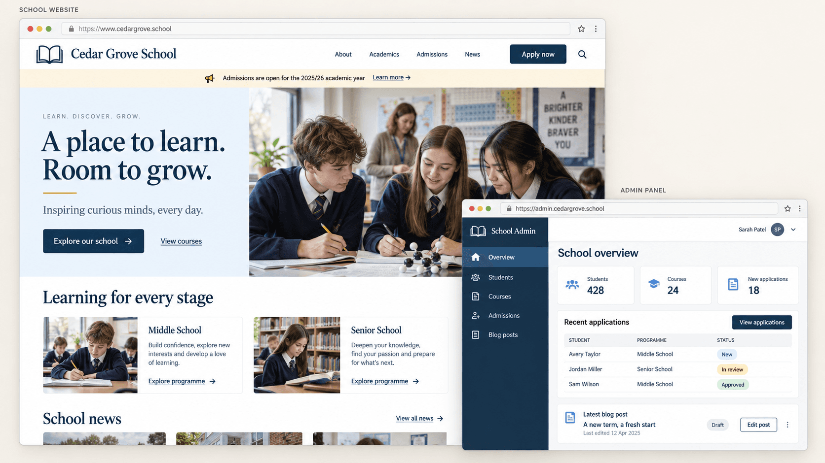 School website preview with classroom photography, academic programmes, and a separate admissions admin panel