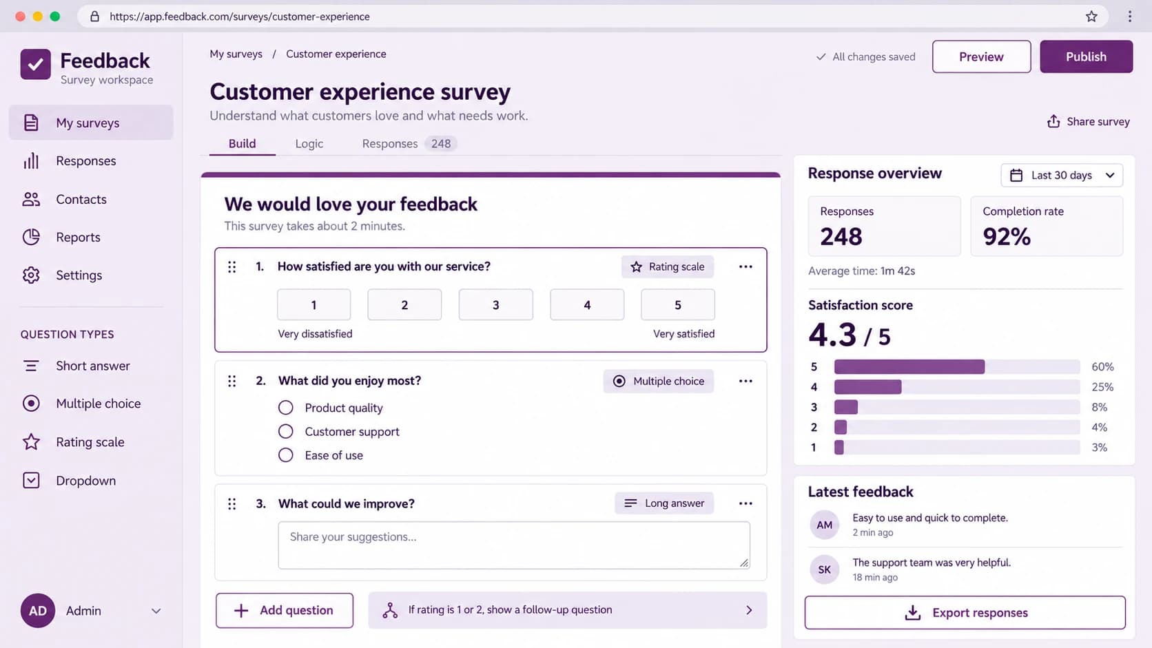 Plum and lavender survey builder preview with rating questions, response analytics, and customer feedback
